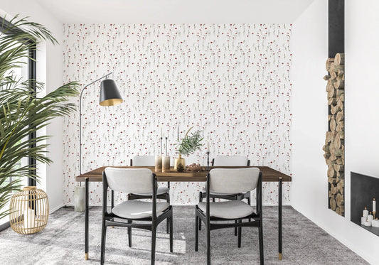 Dainty Scarlet Blooms Wallpaper with scattered red flowers on a soft white ground