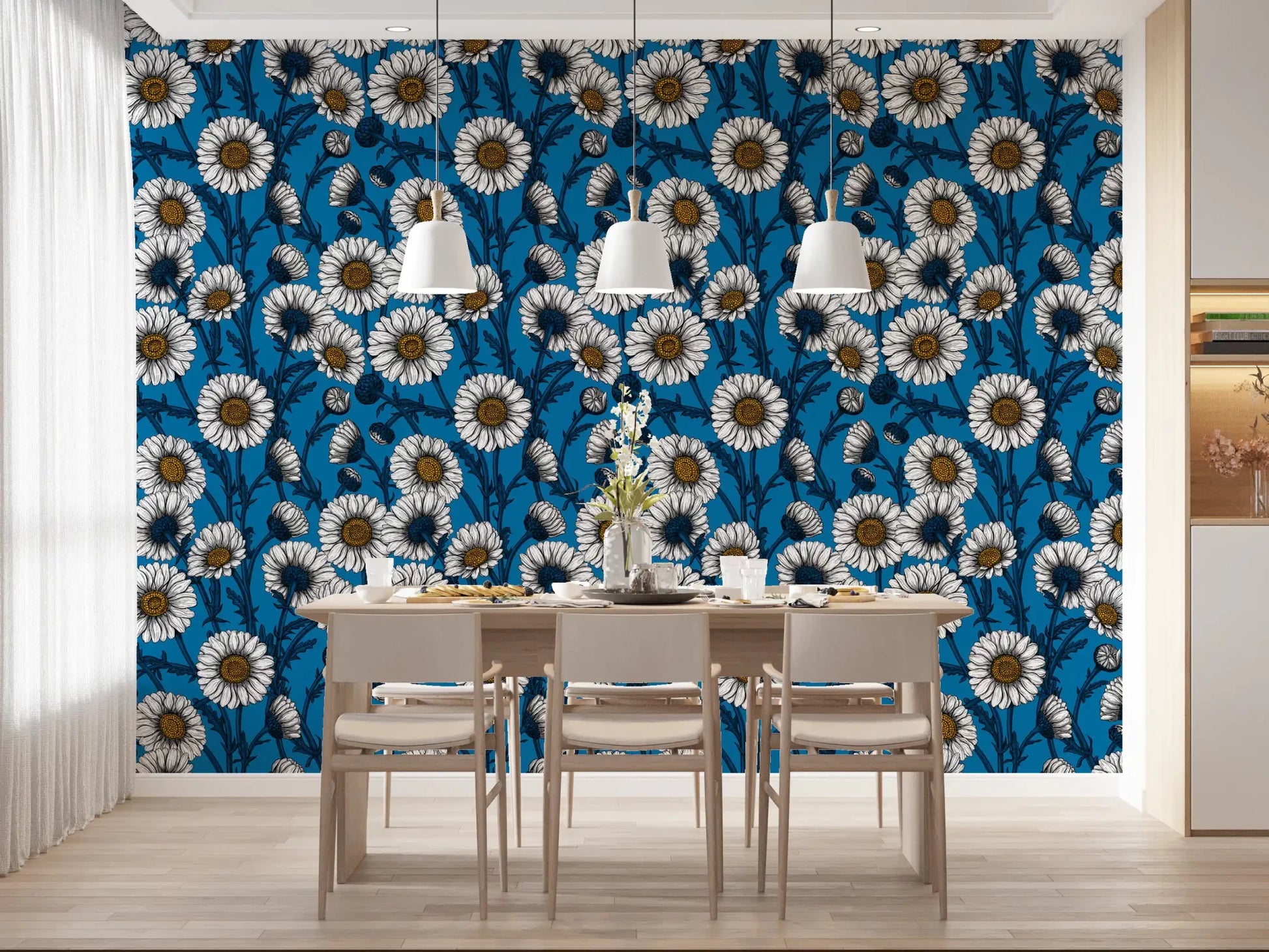 Dining room backdrops feel botanical with Cobalt Daisy wallpaper. GD9577