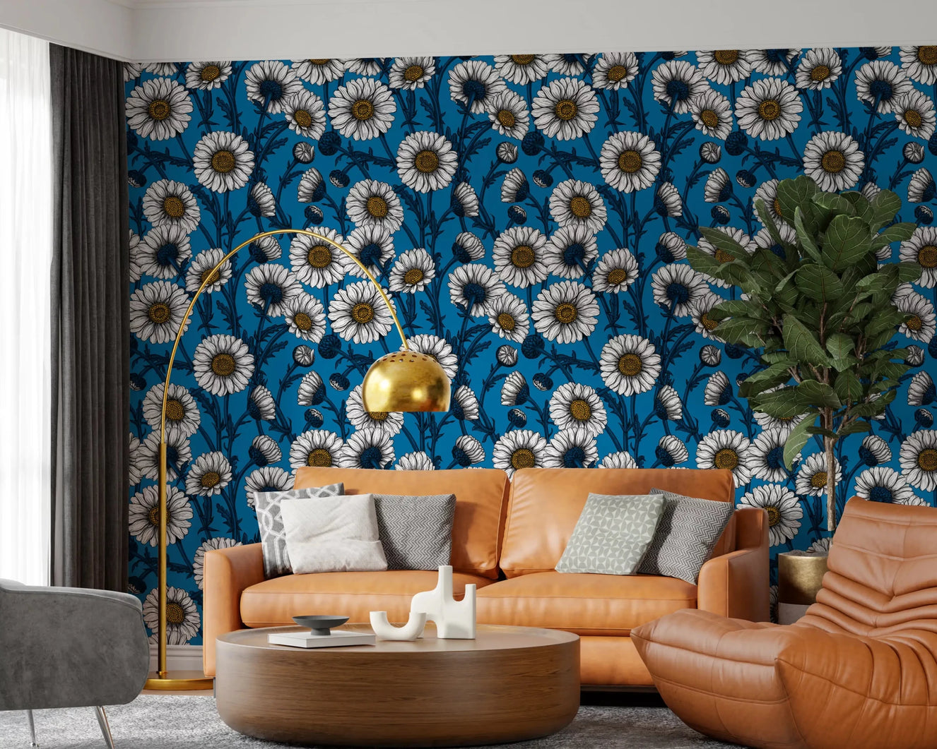 A Living room feels fresh through Daisy Blue wallpaper in cobalt tones.⁠GD9577