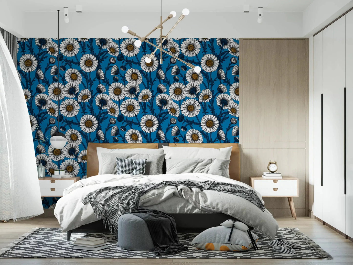Sketched flowers fill a Bedroom behind Daisies on Blue wallpaper.⁠GD9577