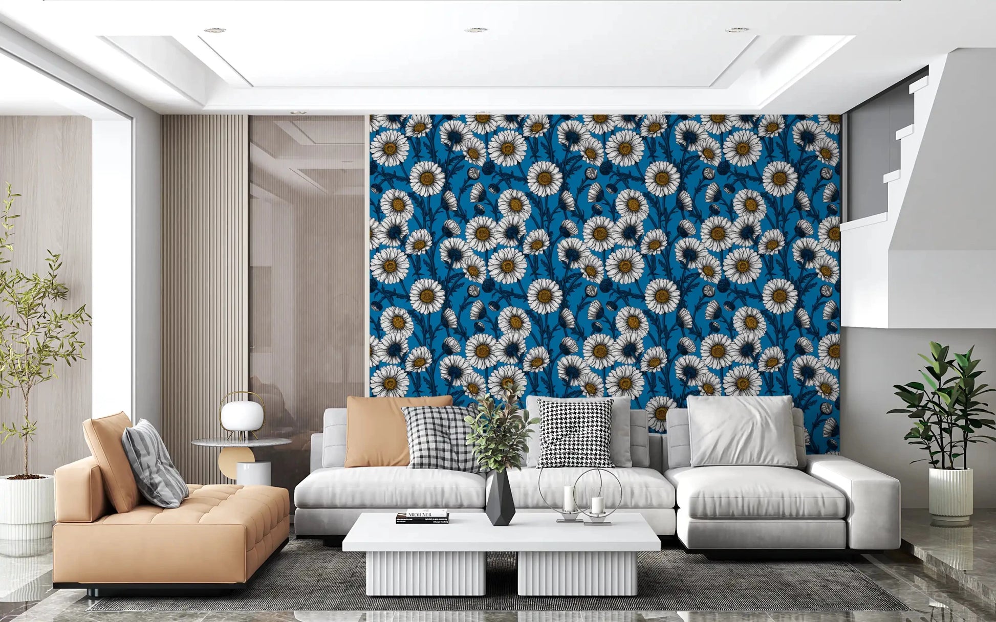 Deep navy stems wind through the surface of Daisies on Blue wallpaper. GD9577