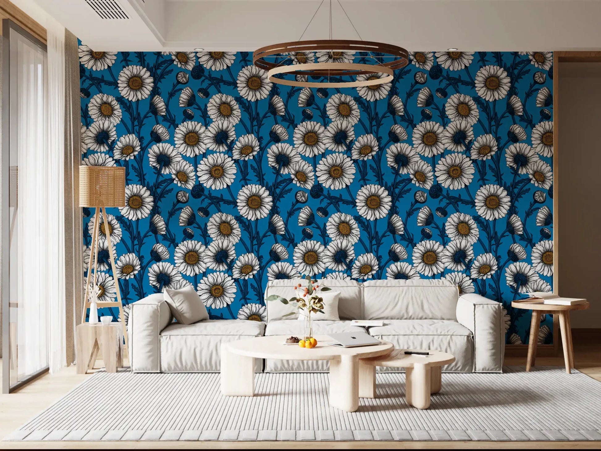 Jagged dark leaves layer between flowers in Cobalt Daisy wallpaper. GD9577