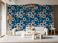 Jagged dark leaves layer between flowers in Cobalt Daisy wallpaper. GD9577