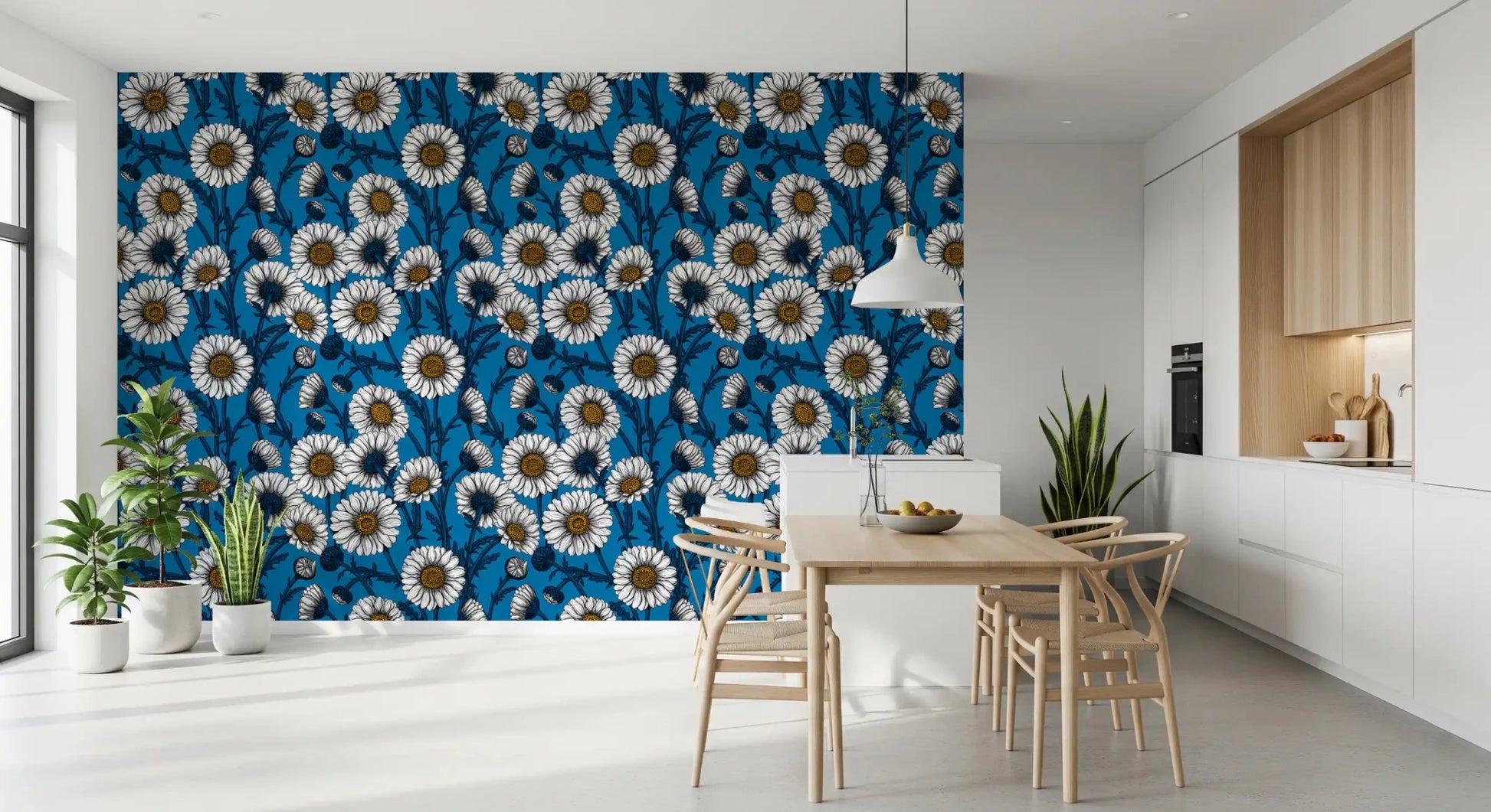 Dining room corners gain richness from Blue Daisies wallpaper in inked detail.⁠GD9577