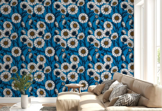 Bold blooms wrap a living room behind Daisies on Blue wallpaper⁠ GD9577