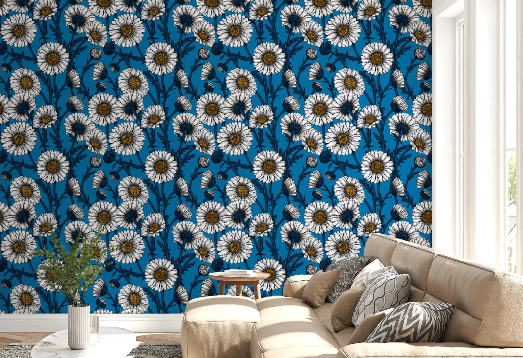 Bold blooms wrap a living room behind Daisies on Blue wallpaper⁠ GD9577