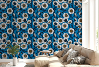 Bold blooms wrap a living room behind Daisies on Blue wallpaper⁠ GD9577
