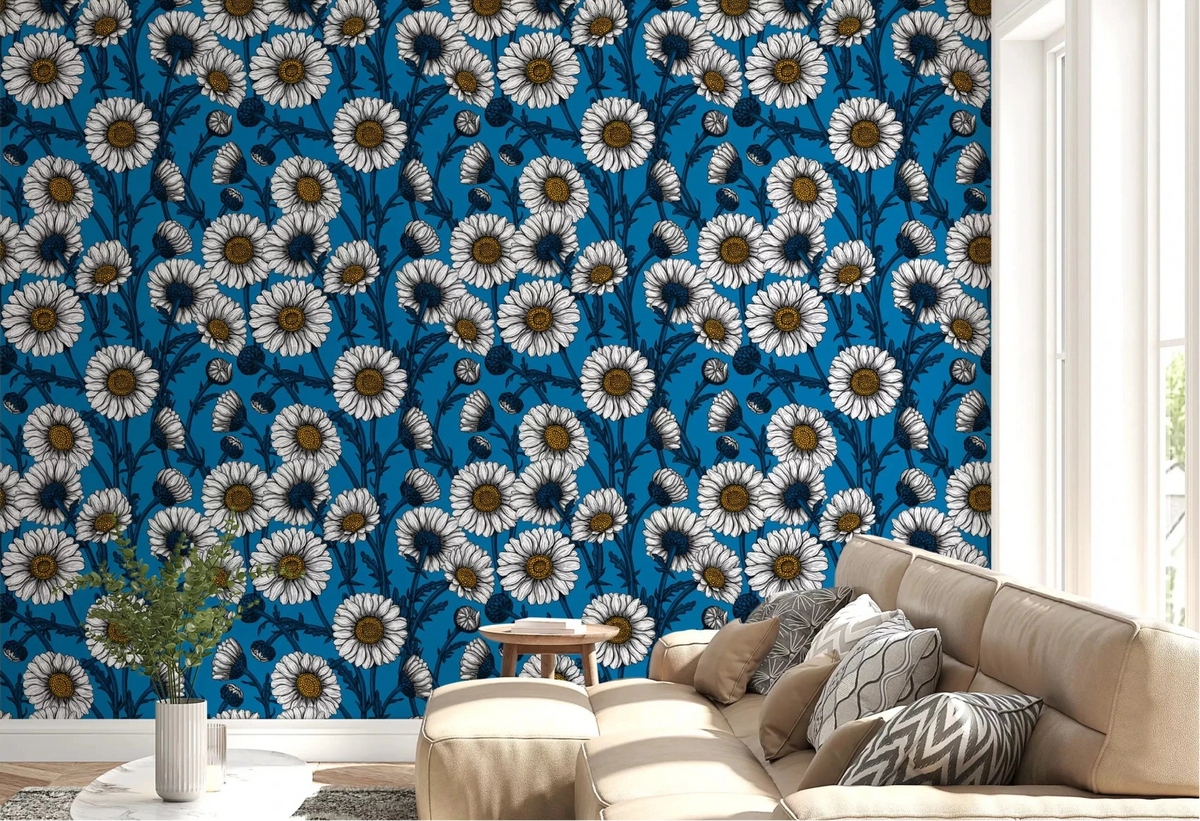 Bold blooms wrap a living room behind Daisies on Blue wallpaper⁠ GD9577