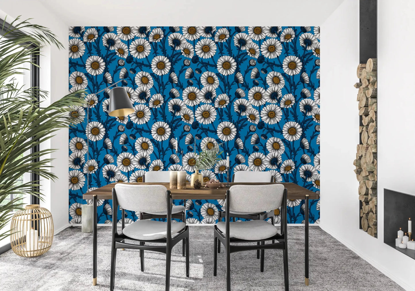 Yellow seed centres anchor every bloom in Blue Daisies wallpaper. ⁠GD9577
