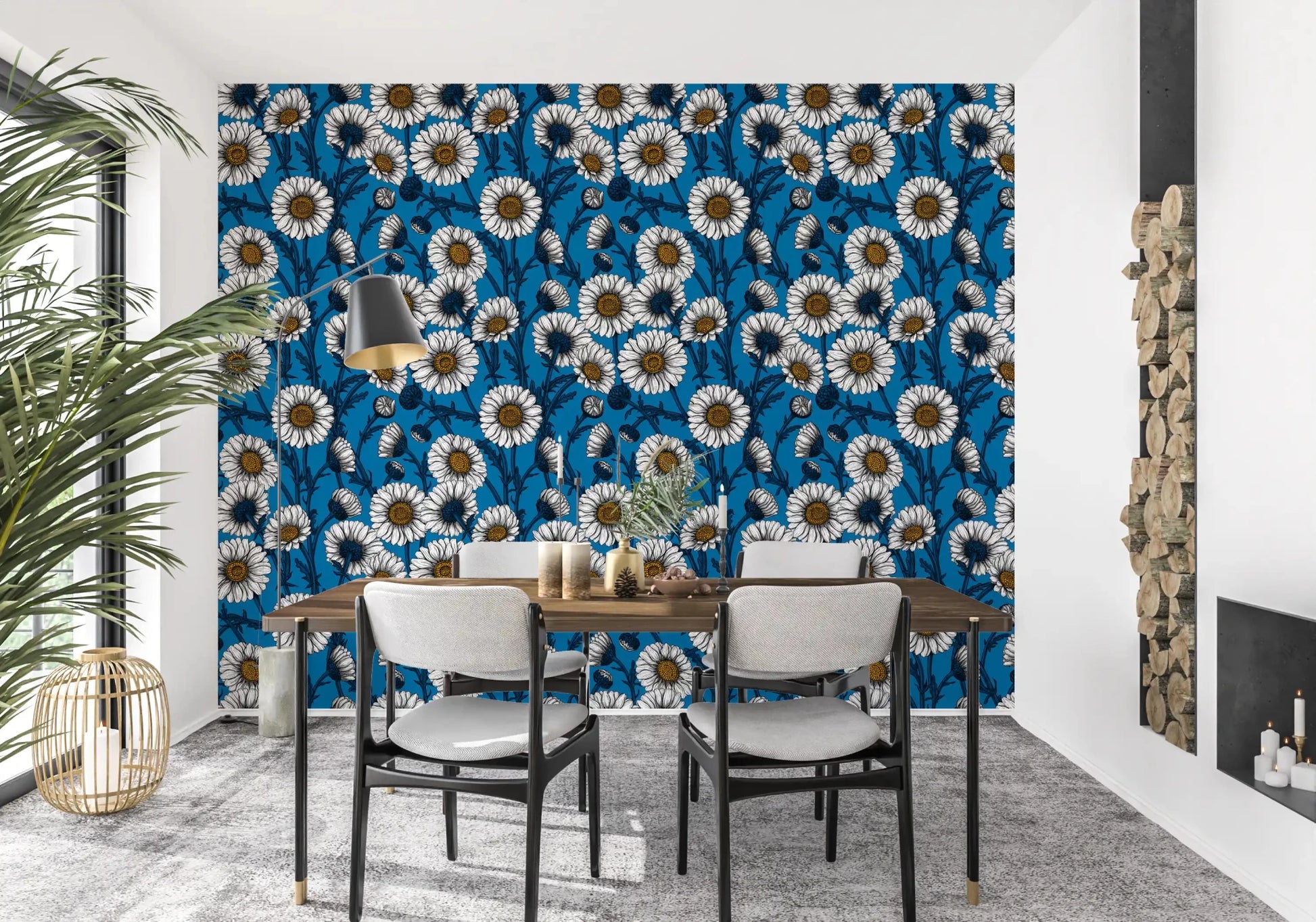Yellow seed centres anchor every bloom in Blue Daisies wallpaper. ⁠GD9577
