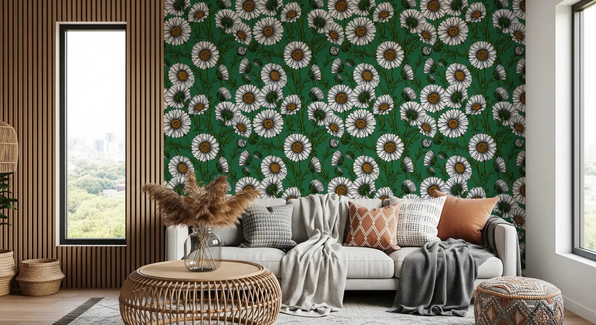 Golden seed centres rest at the heart of every bloom in Daisies Emerald wallpaper.GD9576