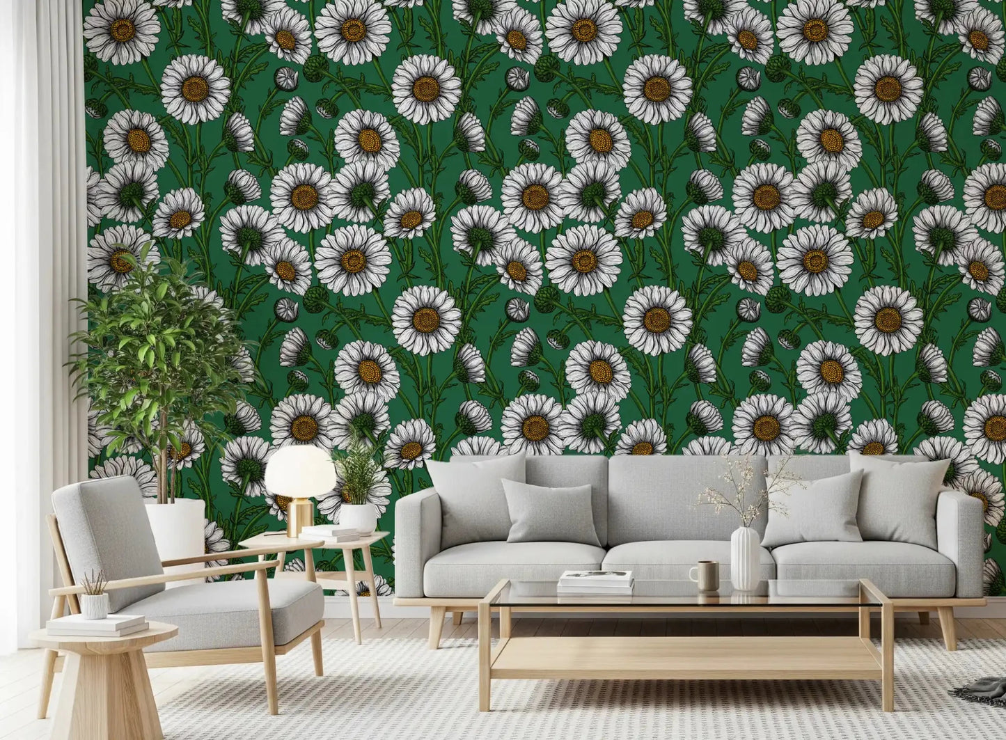 Soft white daisy petals fan out across Emerald Daisies wallpaper. GD9576