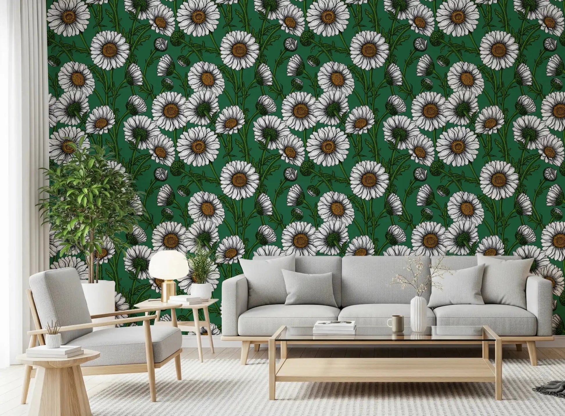 Soft white daisy petals fan out across Emerald Daisies wallpaper. GD9576