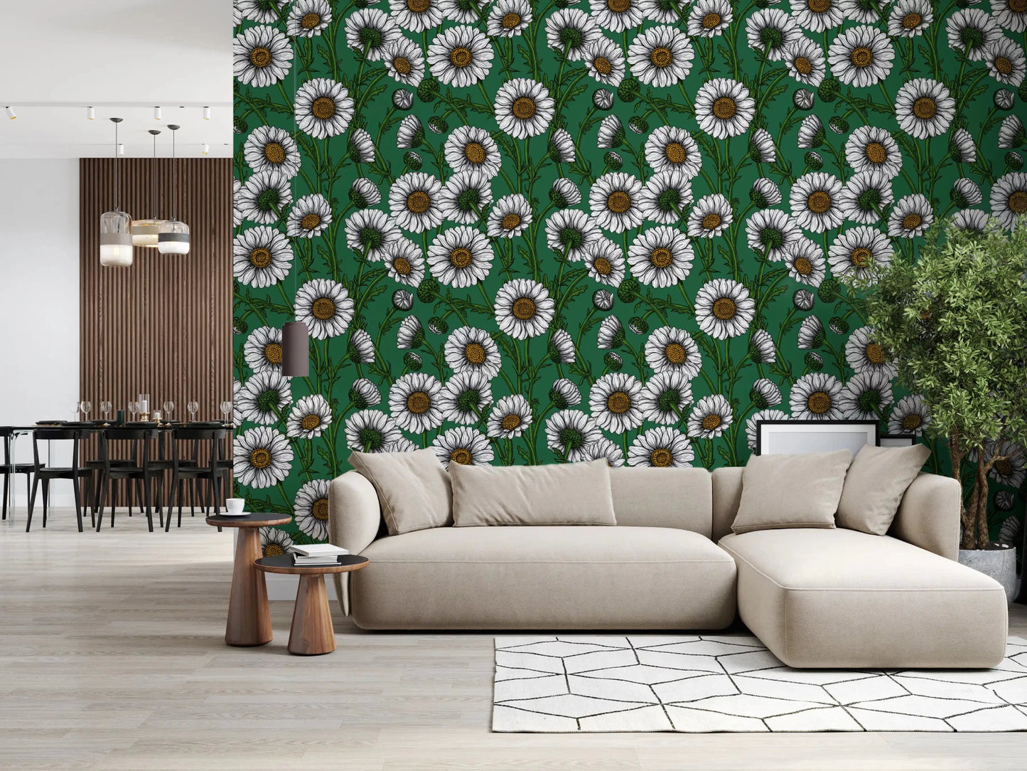 Sketched flowers wrap a sitting room with Daisies on Emerald Green wallpaper.GD9576