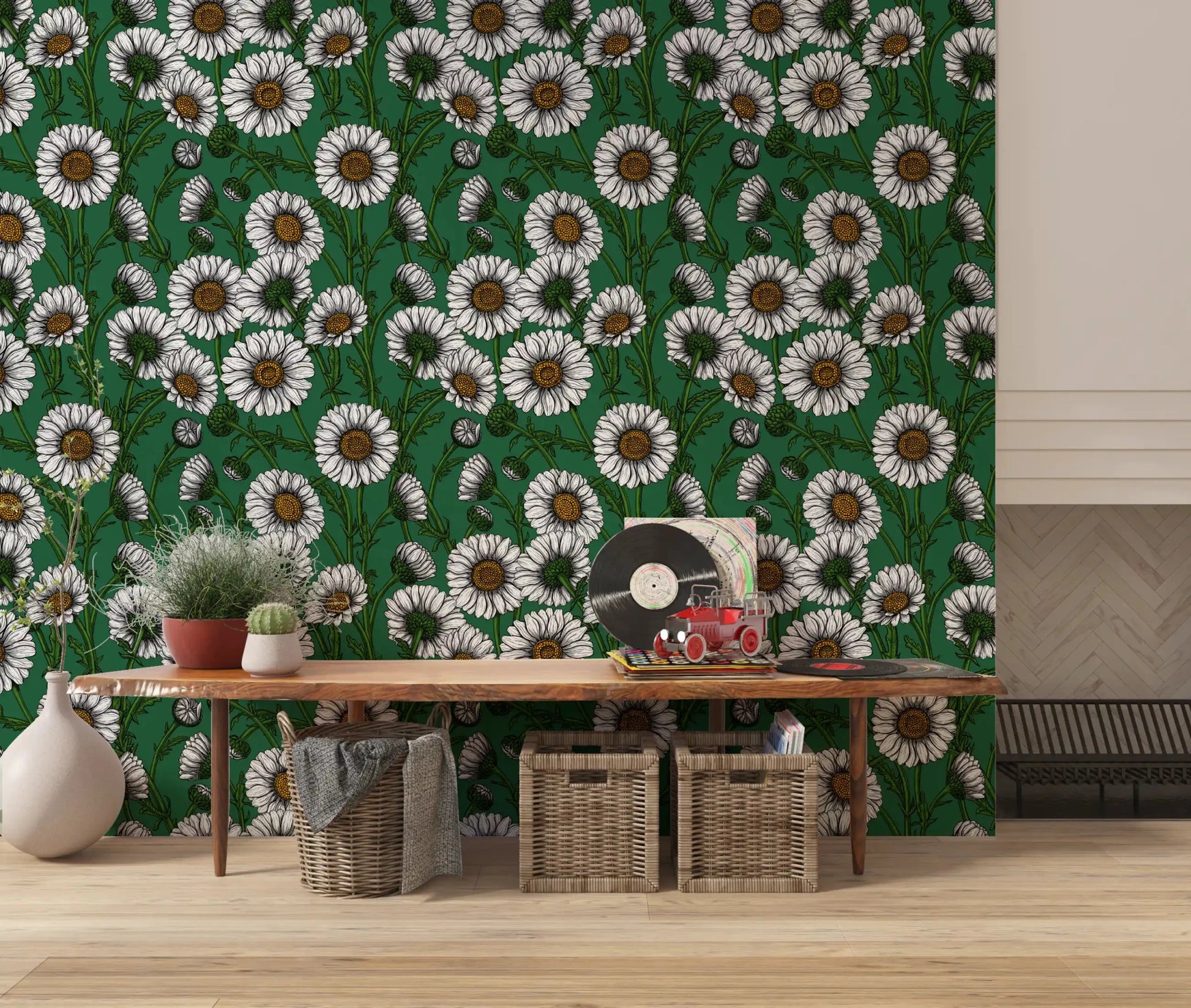 Open lounge area feel garden-fresh through Emerald Daisy wallpaper.
r⁠GD9576