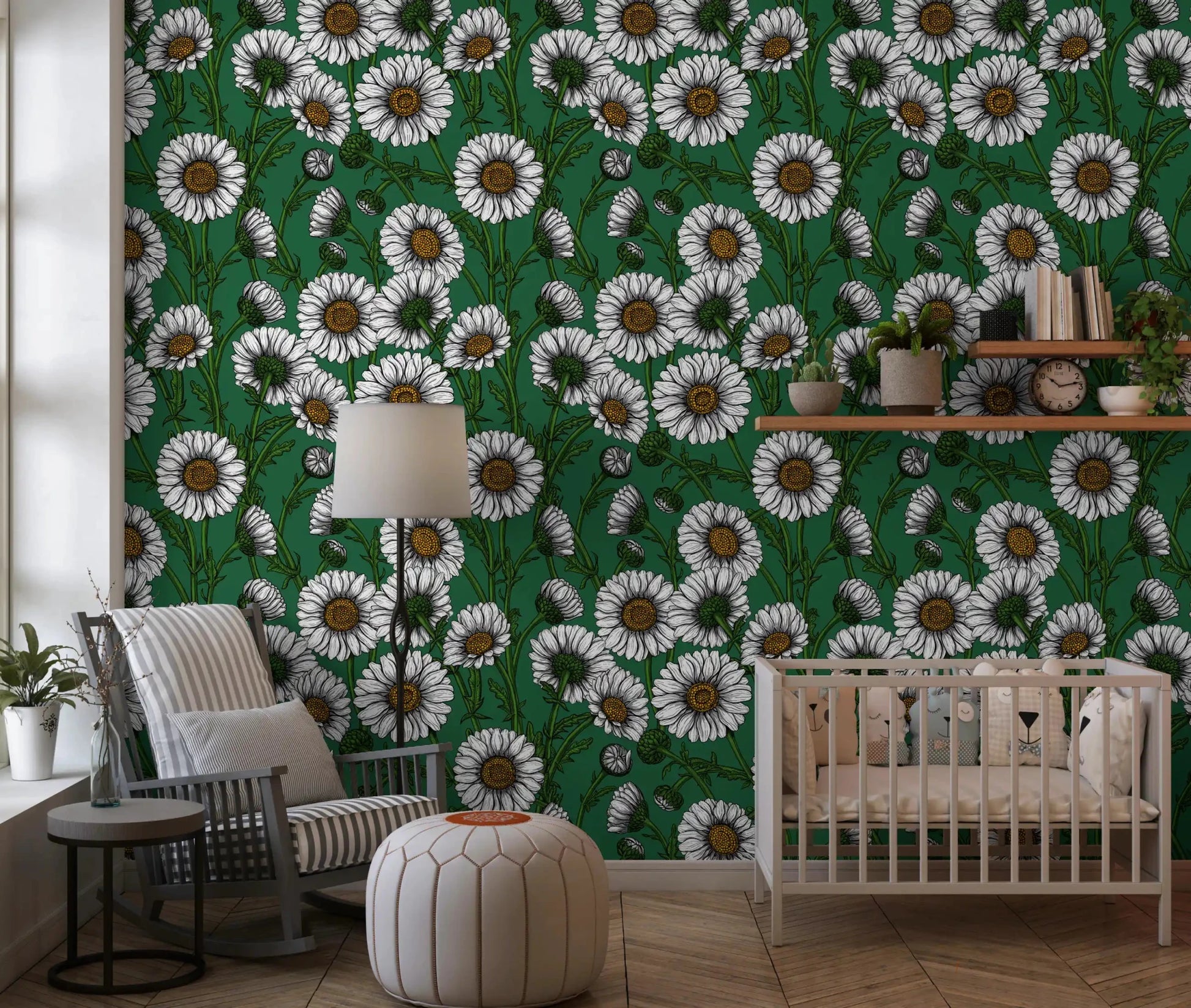 Quiet Nursery area gain richness from Emerald Daisy wallpaper.GD9576