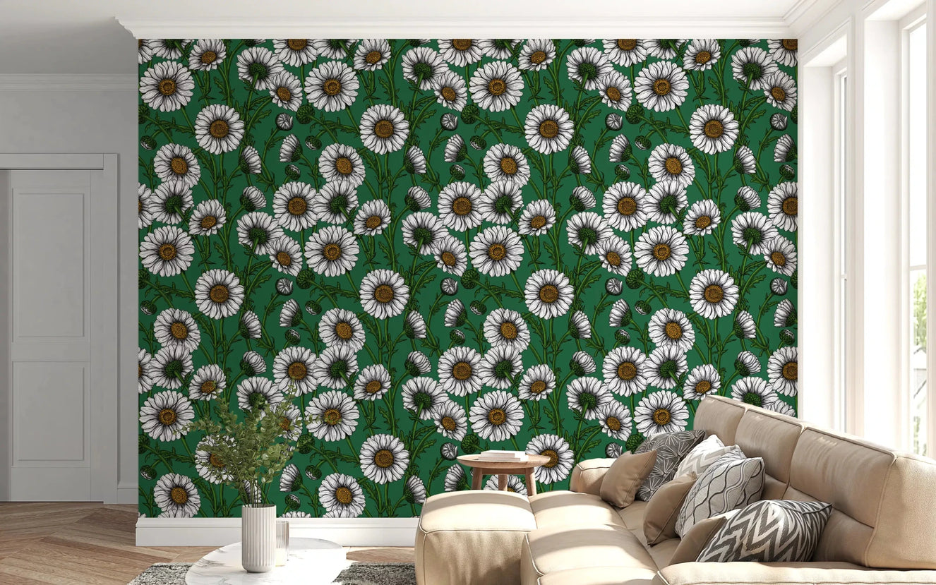 A Living feels lush through Daisy Emerald wallpaper in deep green hues.⁠GD9576