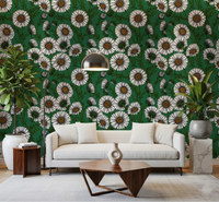 Soft white blooms warm a living room behind Emerald Daisies wallpaper.⁠GD9576