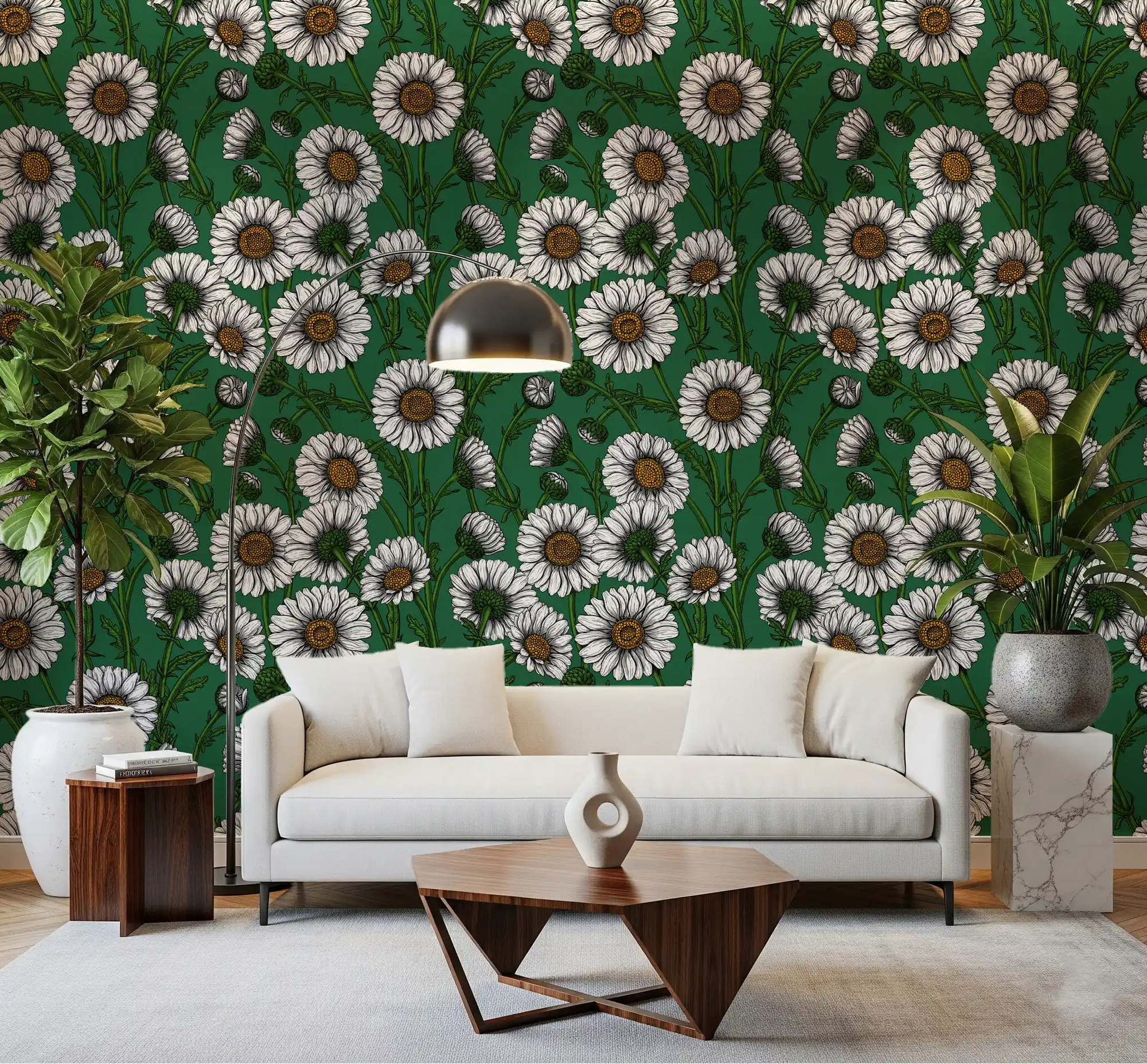 Soft white blooms warm a living room behind Emerald Daisies wallpaper.⁠GD9576