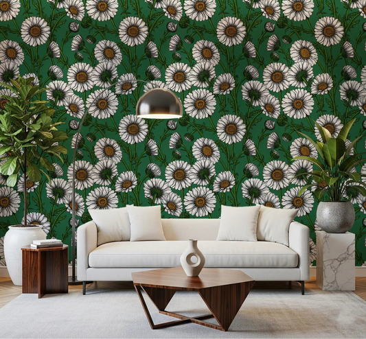 Soft white blooms warm a living room behind Emerald Daisies wallpaper.⁠GD9576