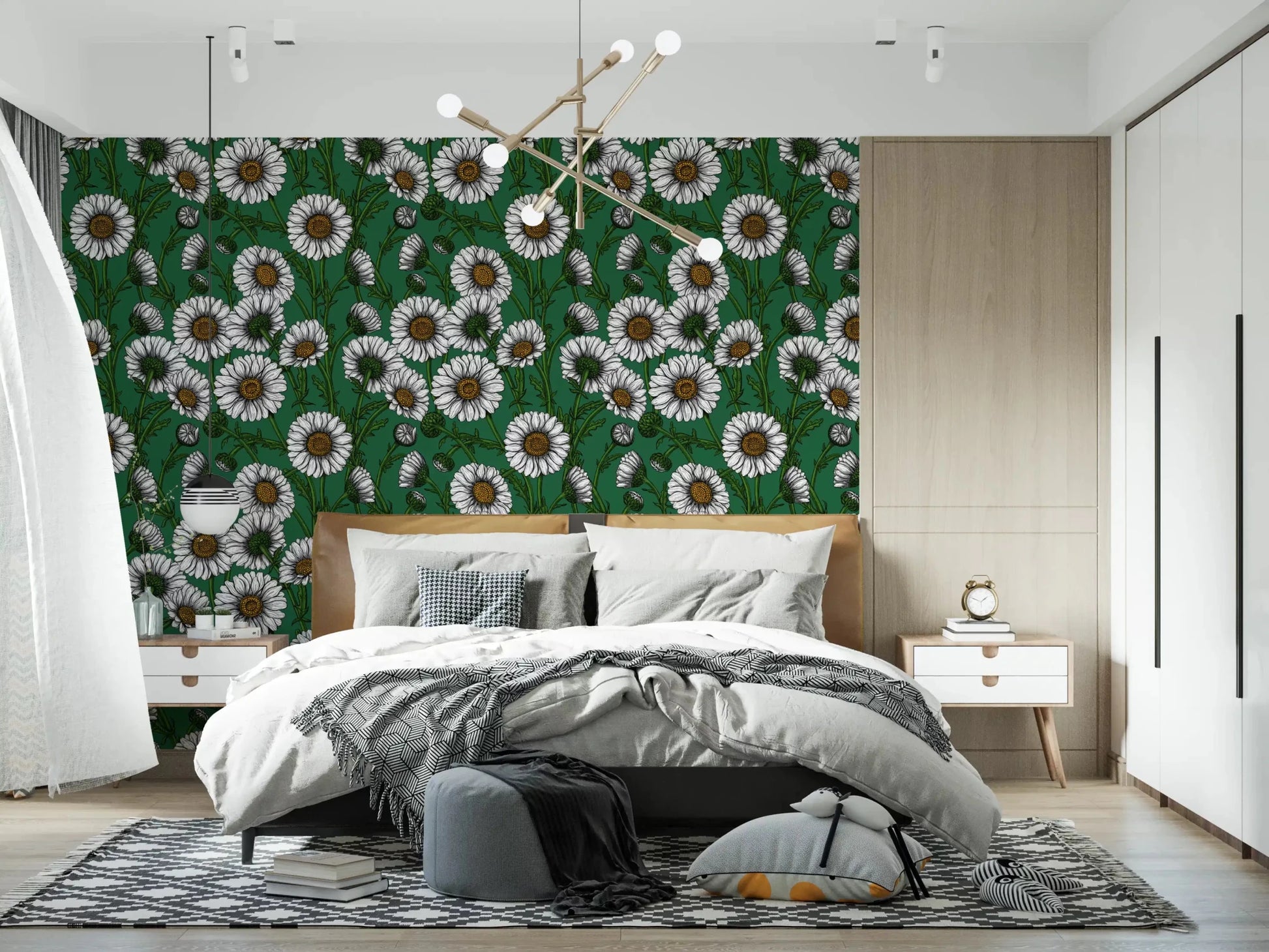 Bedroom deepen with Green Daisies wallpaper across the back.⁠GD9576