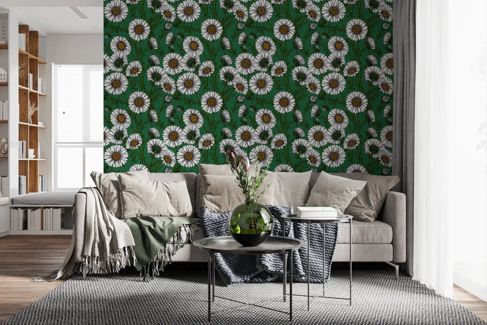 Slim curling stems wind through Green Daisy wallpaper.⁠GD9576