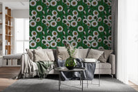 Slim curling stems wind through Green Daisy wallpaper.⁠GD9576