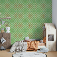 The wallpaper is installed in a modern, eclectic living room.

