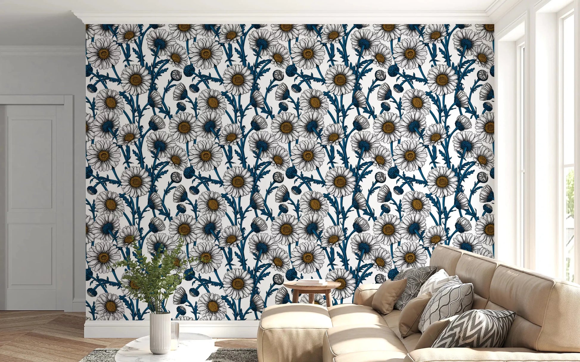 Feathered petals open softly across Daisy wallpaper in inked detail.GD9578