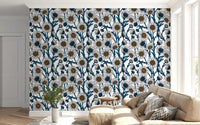 Feathered petals open softly across Daisy wallpaper in inked detail.GD9578