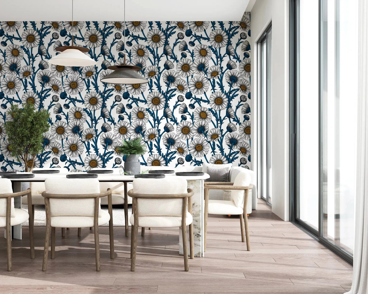 Dining room backdrops feel botanical with Daisies on White wallpaper.GD9578