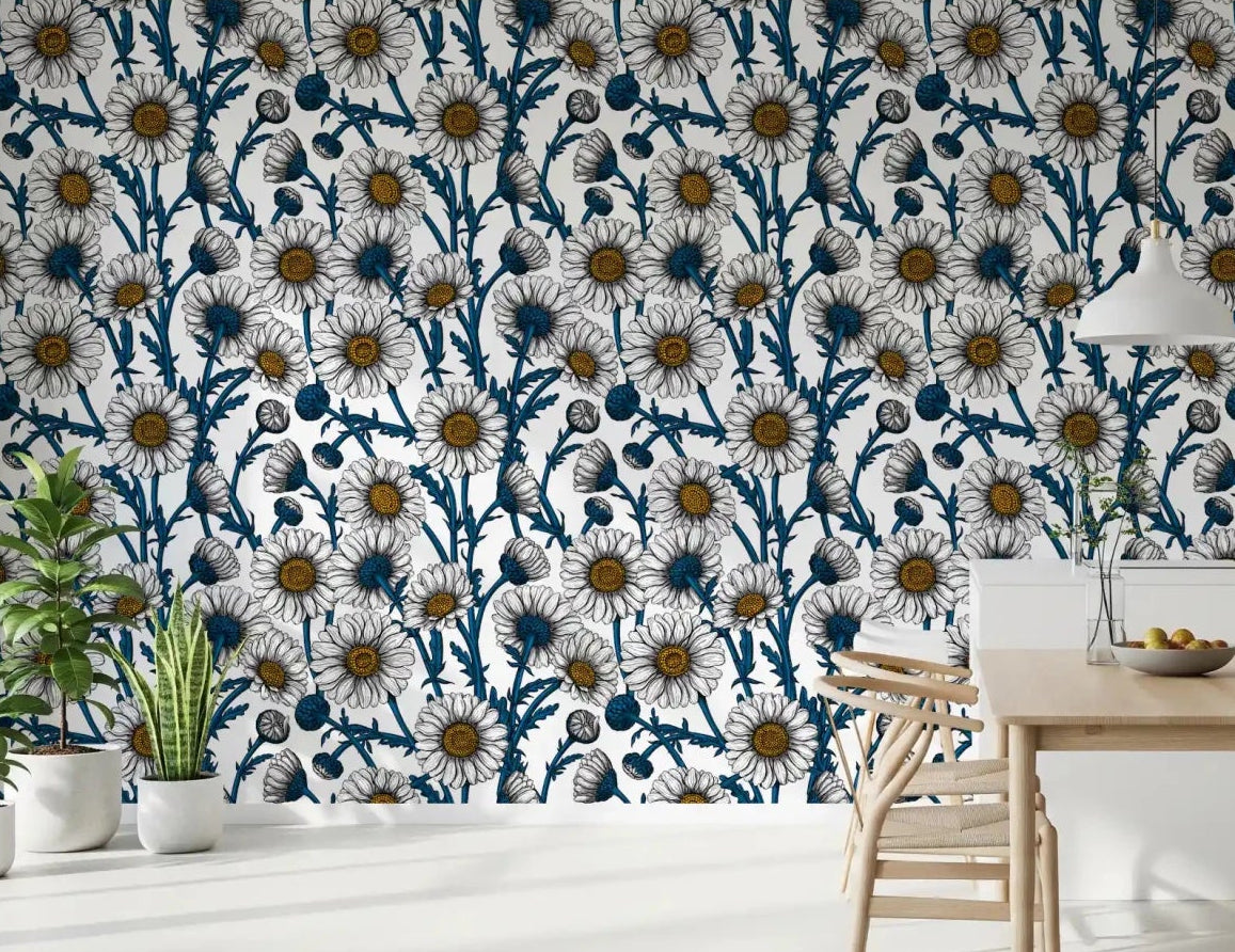 Sketched daisies brighten a Dining  through Daisies on White wallpaper.