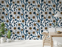 Sketched daisies brighten a Dining  through Daisies on White wallpaper.