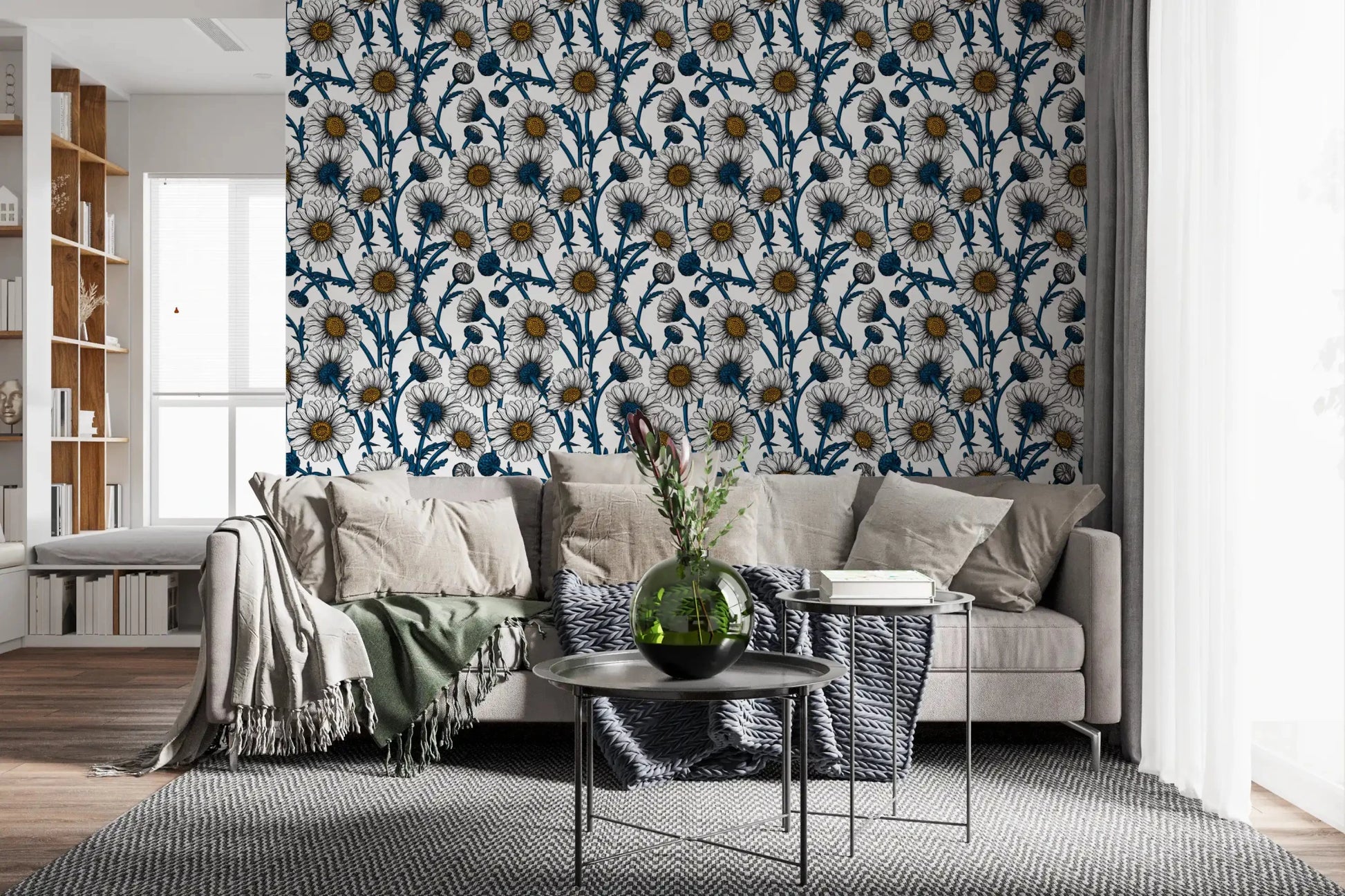 Living room gain crisp detail from Daisies on White wallpaper.GD9578