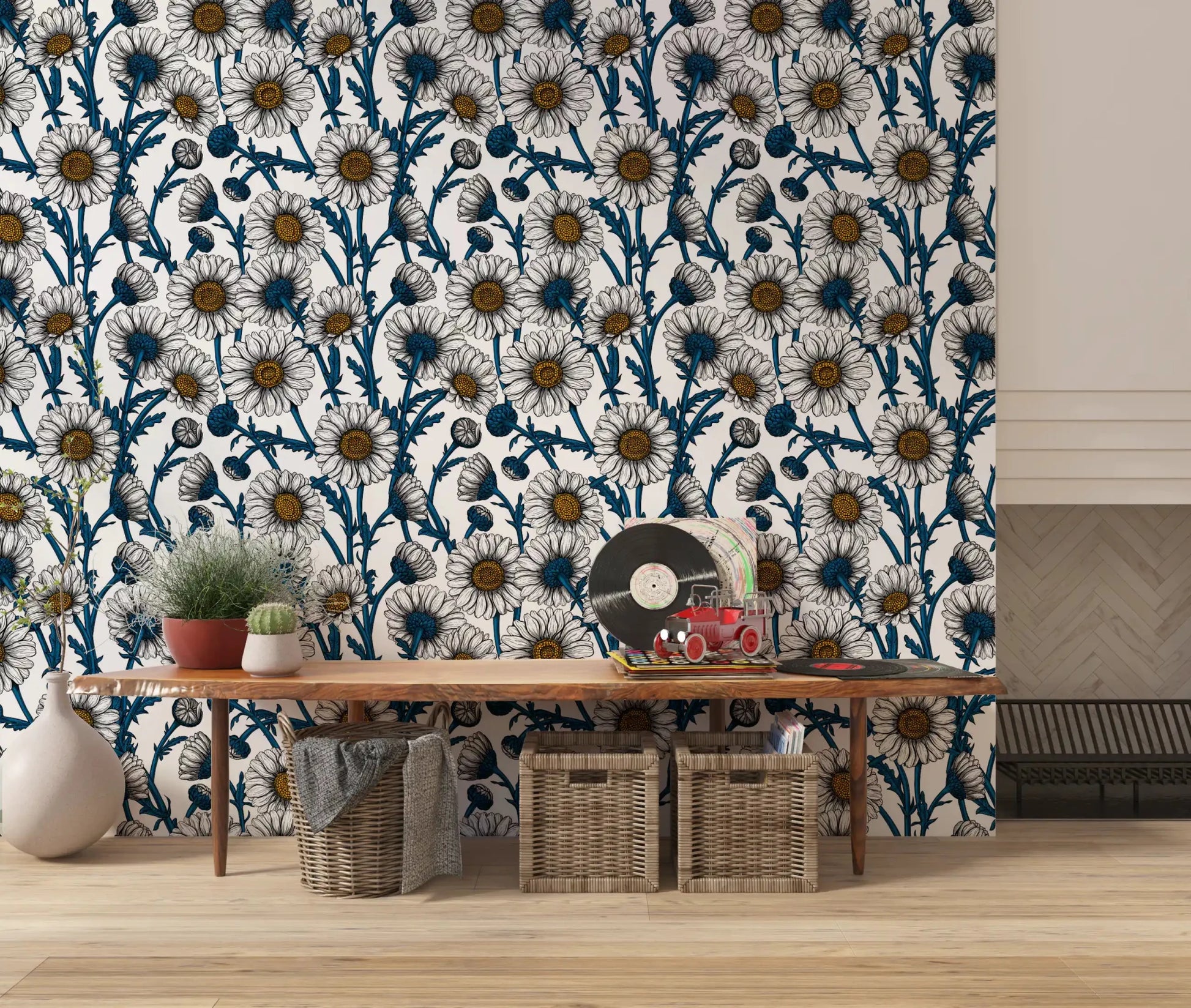 Navy blue stems twist through the layout of Daisies wallpaper.⁠GD9578