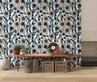 Navy blue stems twist through the layout of Daisies wallpaper.⁠GD9578