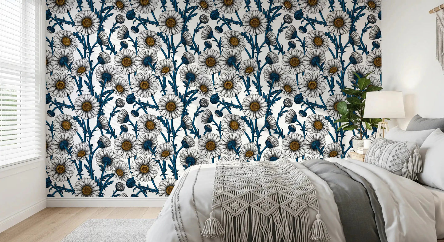 Bedroom corners feel calm under Daisies on White wallpaper with navy stems.GD9578