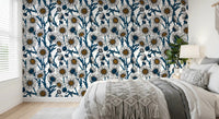 Bedroom corners feel calm under Daisies on White wallpaper with navy stems.GD9578