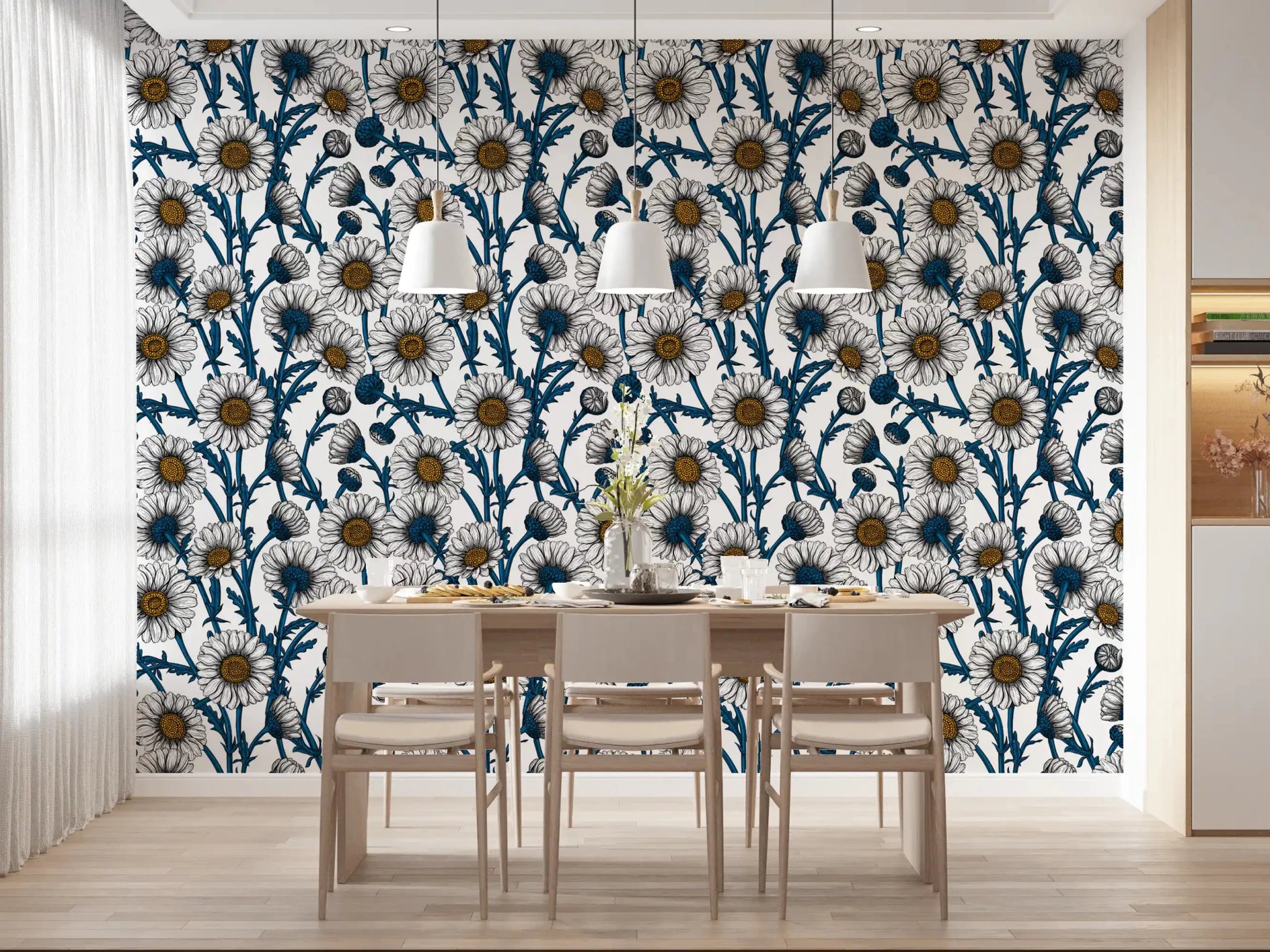 Inked blooms fill a Dining room behind Daisies on White wallpaper panels.GD9578