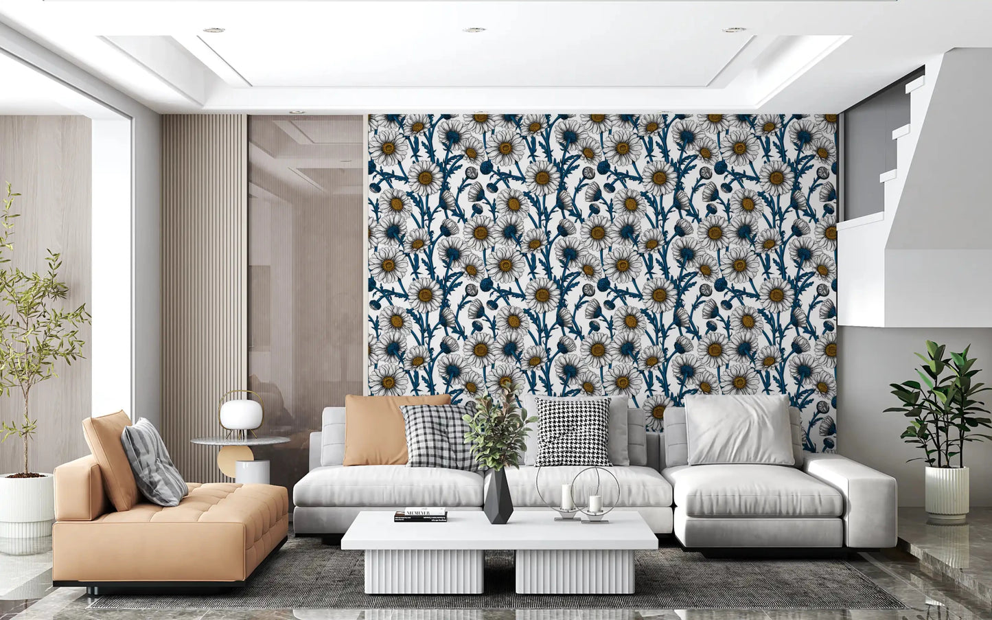 A Living area carries soft contrast through Daisies on White wallpaper.
⁠GD9578