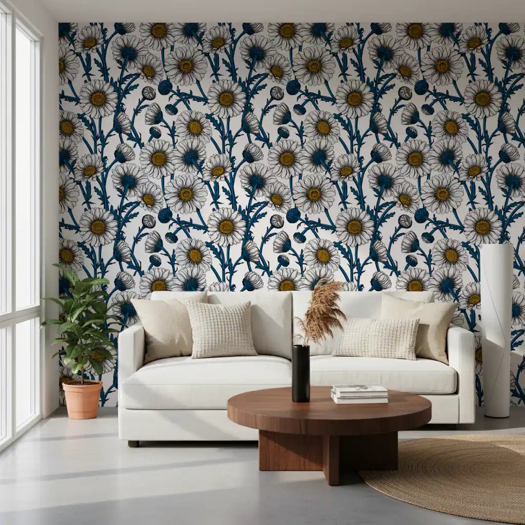 Tight blue bud clusters fill the gaps in White Daisy wallpaper.GD9578