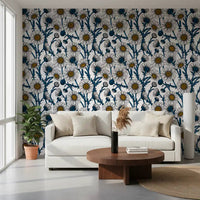 Tight blue bud clusters fill the gaps in White Daisy wallpaper.GD9578