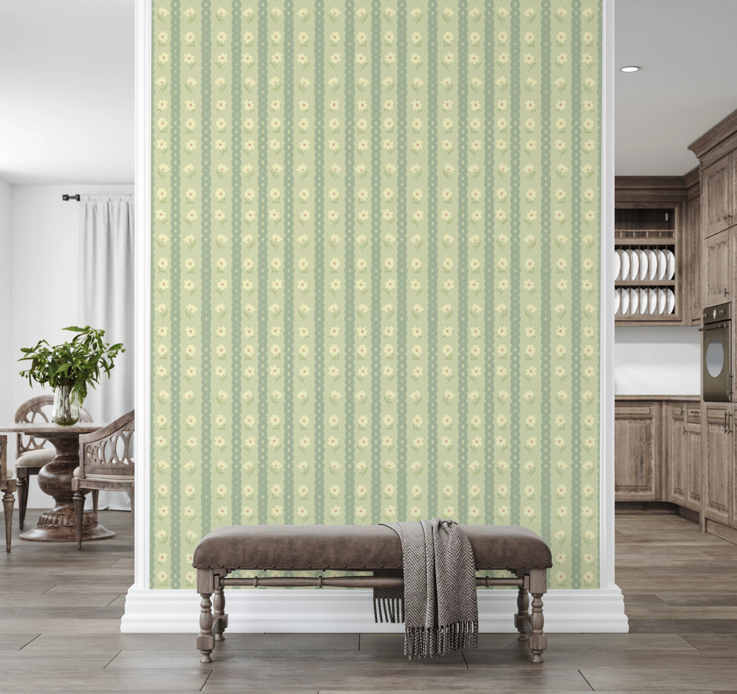 Bench nook paired with Daisy Chain Delight Wallpaper and soft vintage bloom stripes