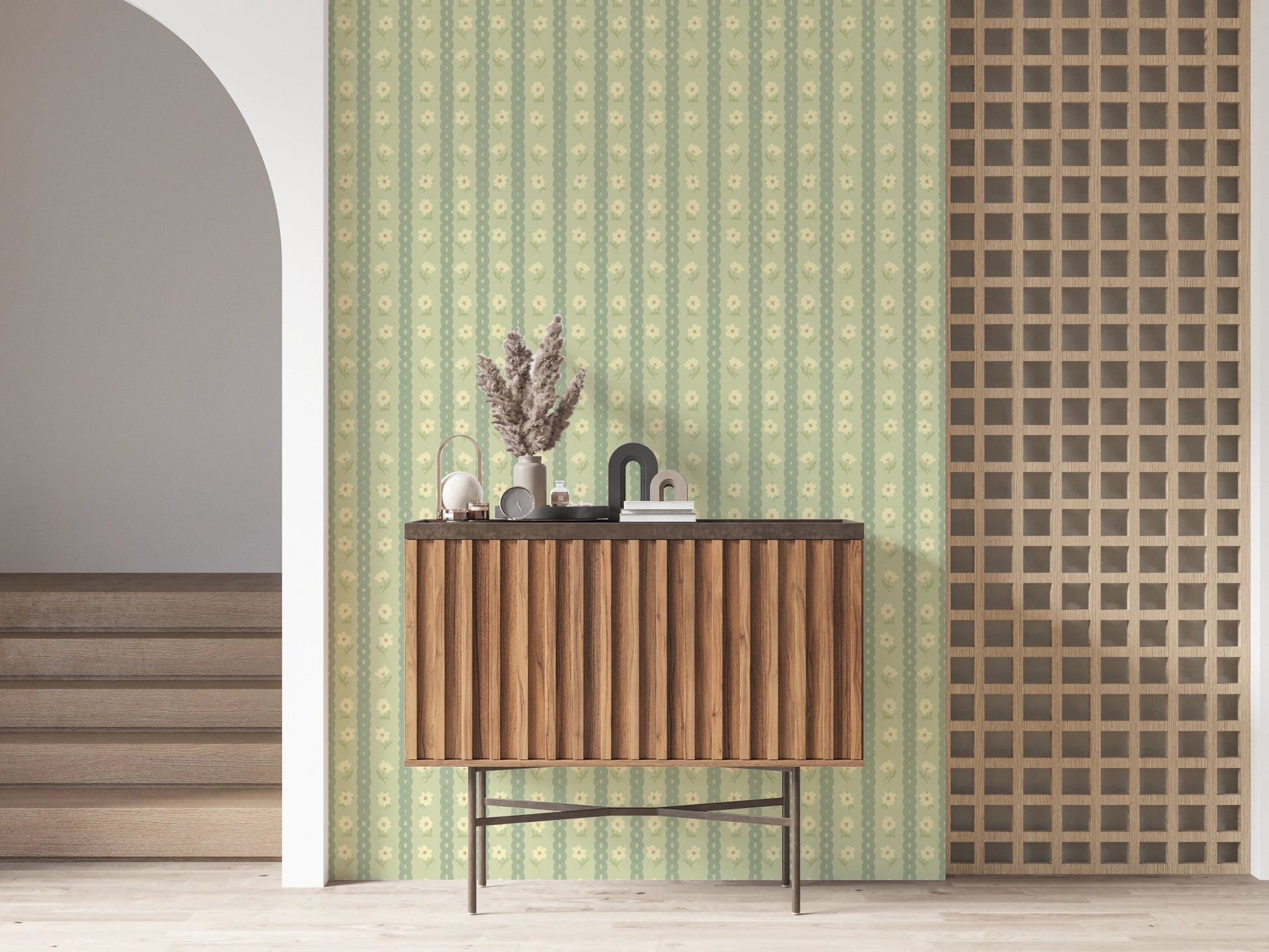 Hall space styled with Daisy Chain Delight Wallpaper and neat retro stripe rhythm