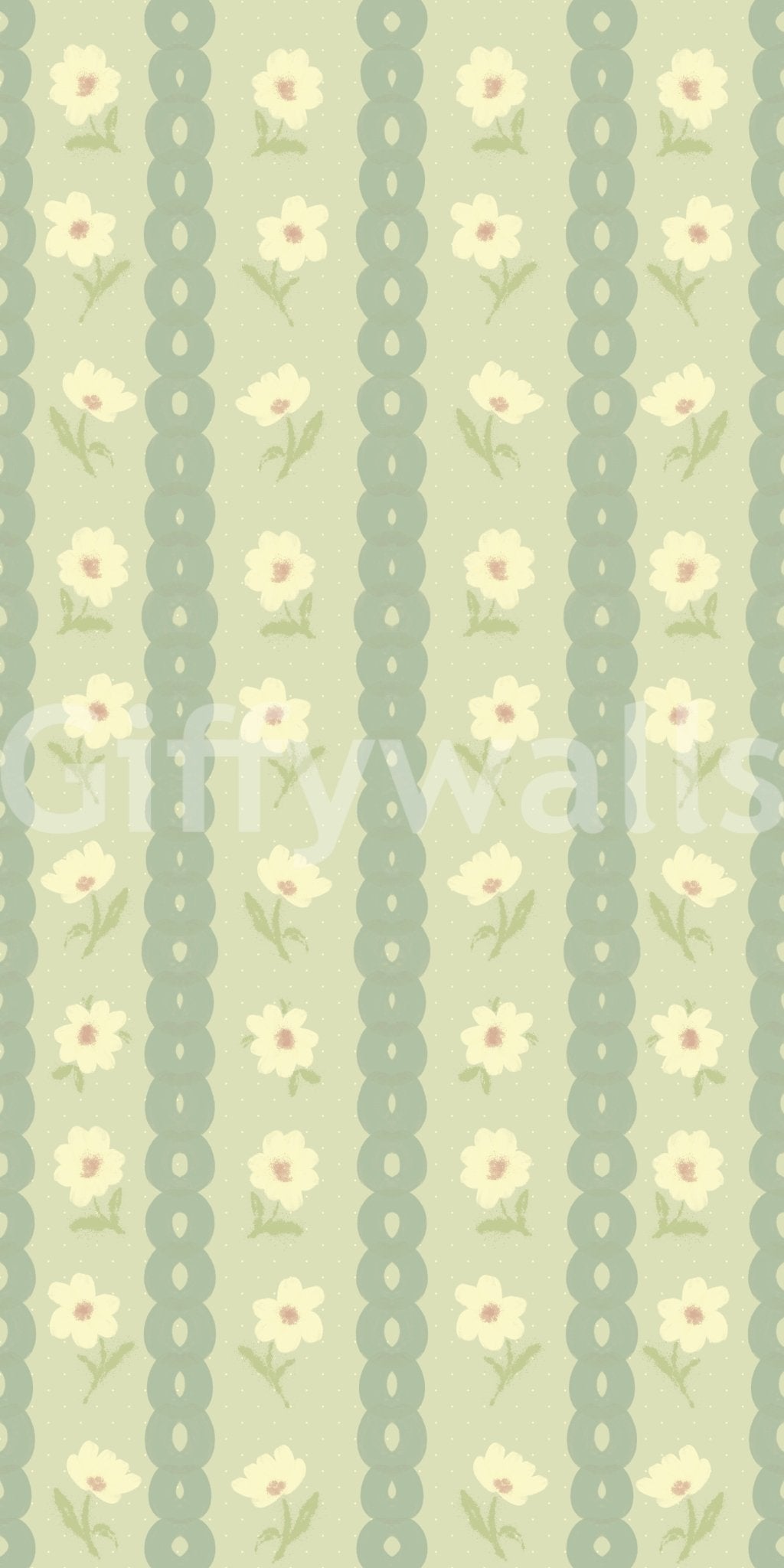 Soft floral rhythm shown in Daisy Chain Delight wallpaper with linked row bands