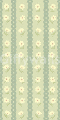 Soft floral rhythm shown in Daisy Chain Delight wallpaper with linked row bands