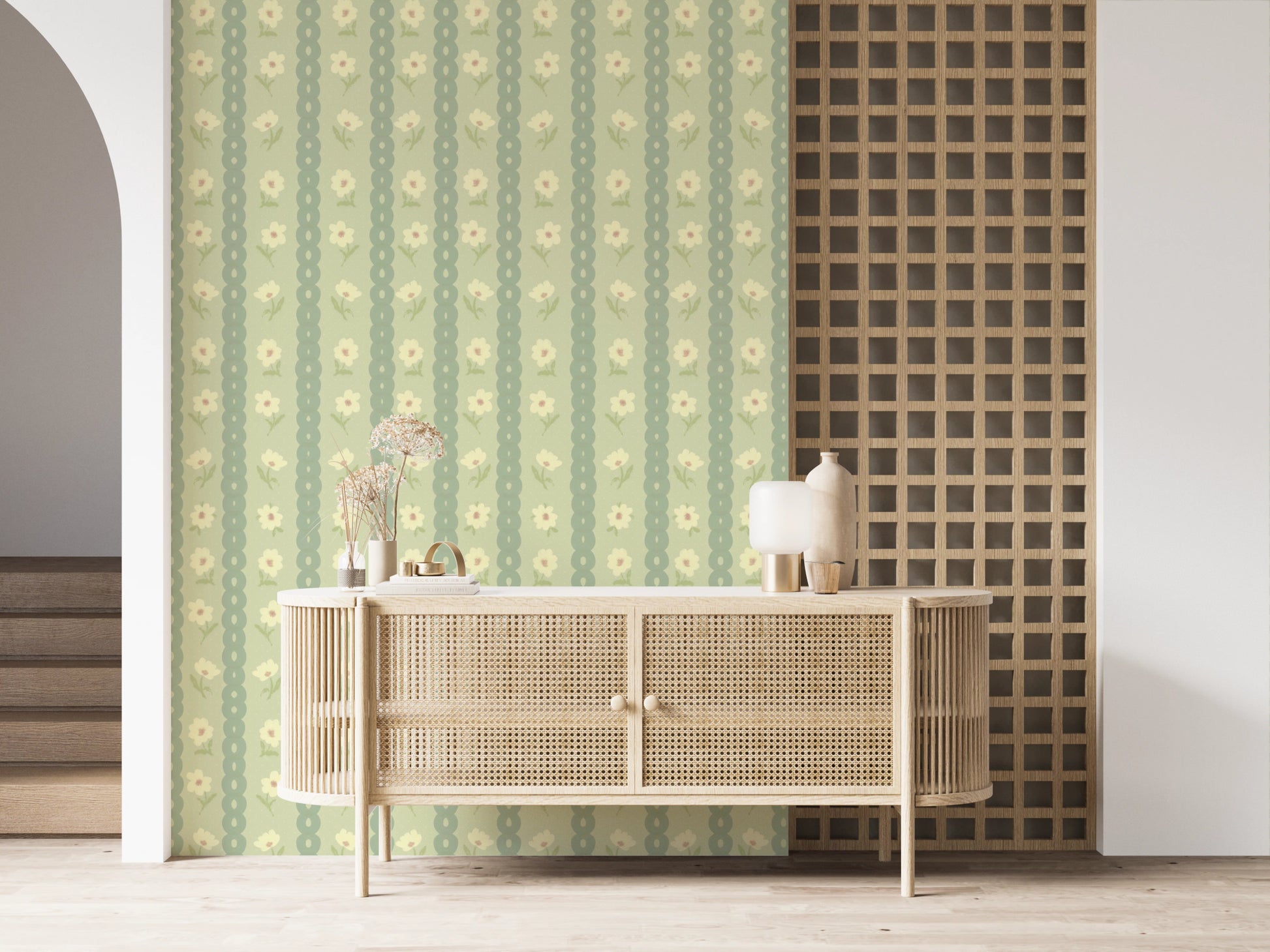 Console table corner styled with Daisy Chain Delight Wallpaper and muted bloom rows