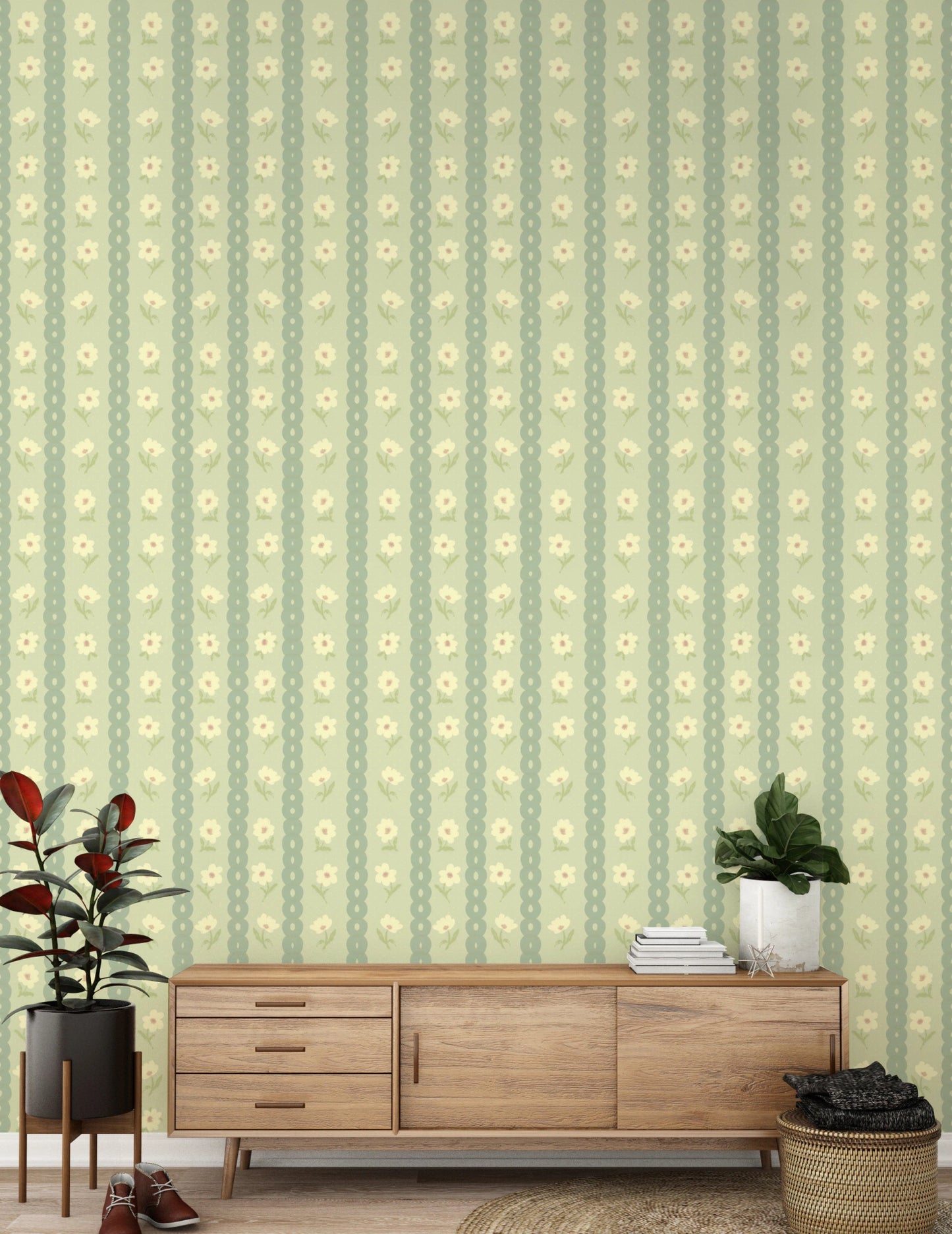 Sideboard wall finished with Daisy Chain Delight Wallpaper and soft green floral lines