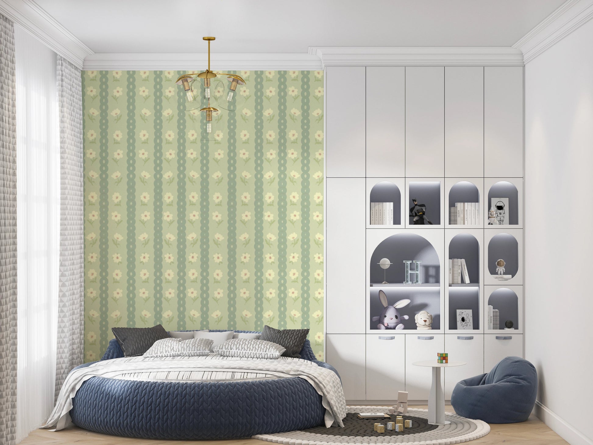 Daisy Chain Delight Wallpaper creates a light patterned backdrop in a cozy bedroom