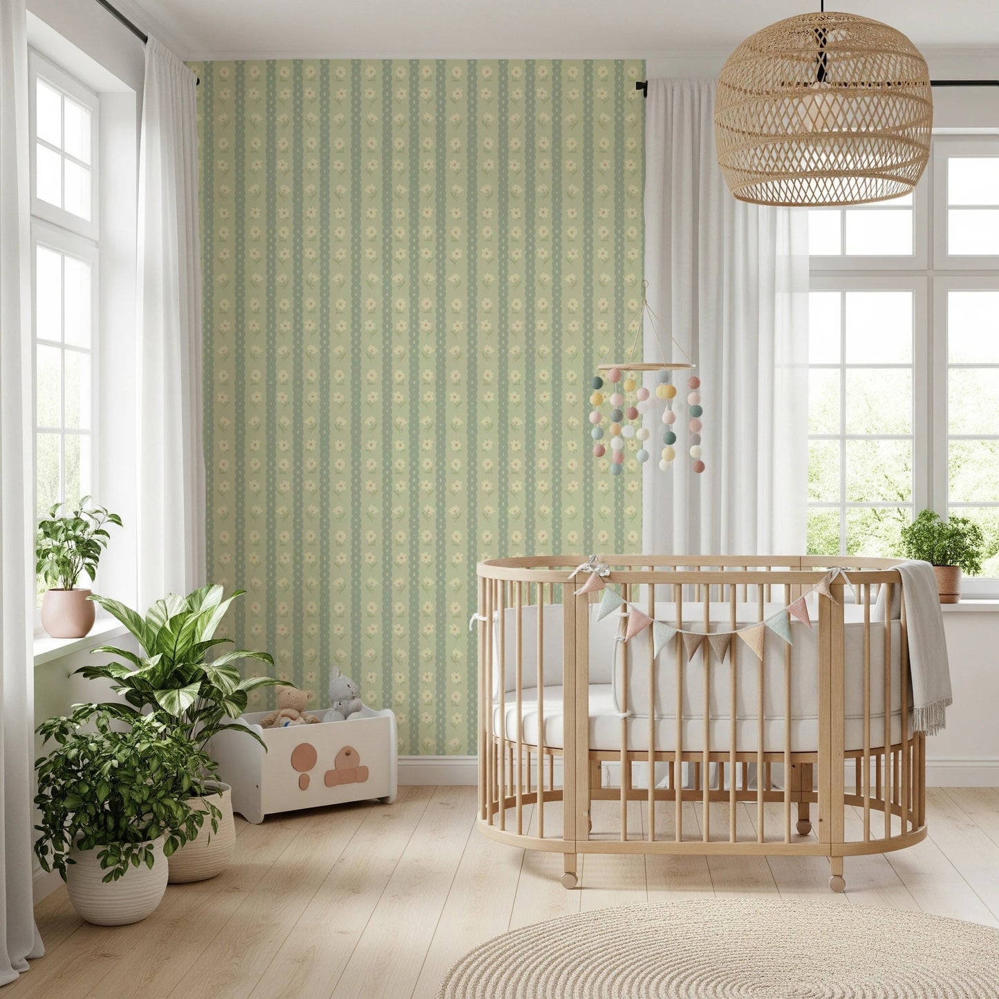 Nursery corner framed by Daisy Chain Delight Wallpaper and delicate cream bloom repeats